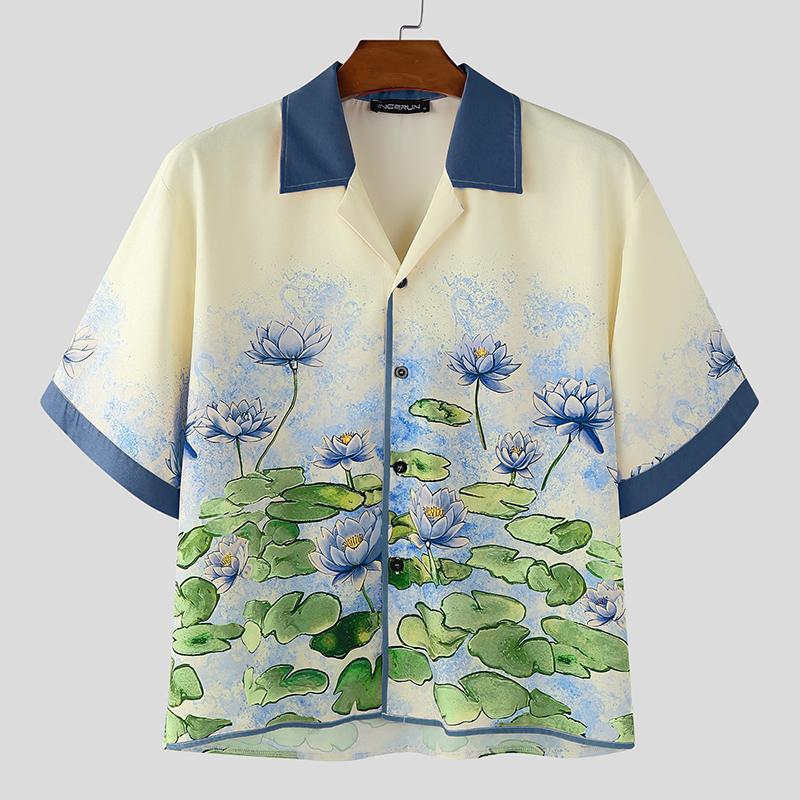 

INCERUN Oversized Men Stitching Casual Loose Short Sleeve Print Shirts Tops L