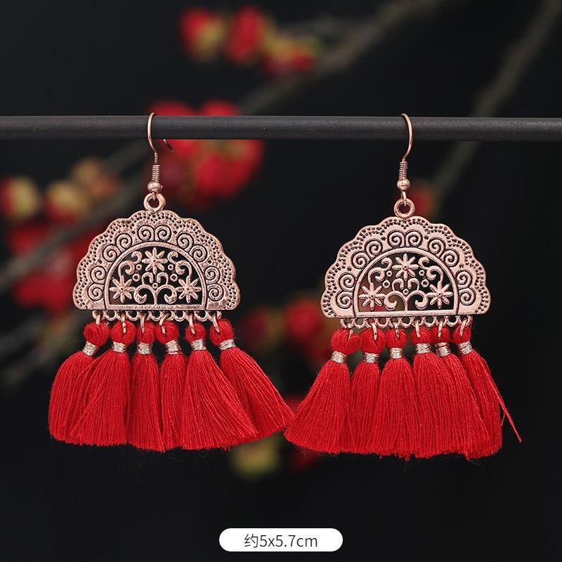 Vintage Bohemian Red Tassel Earrings Female Long Temperament Earrings Vacation Photography Bridal Earrings