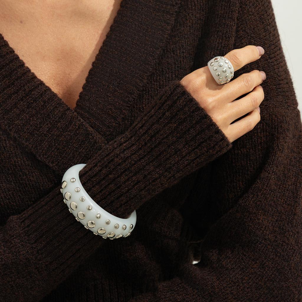 Salircon Punk Creative Rhinestone Rivet Chunky Bracelet Ring Set Women Vintage Stackable Wide Resin Bangles Grunge Jewelry Gift