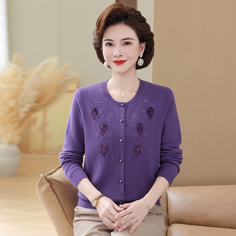 Mom's Elegant Embroidered Wool Cardigan - Stylish Knit Sweater for Middle-Aged and Elderly Women, Perfect for Spring and Autumn.