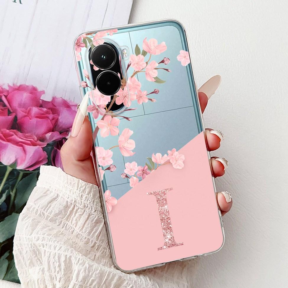 For Xiaomi Poco M7 4G Case Cover Transparent Aesthetic A-Z Letters Fashion Flowers Crown Soft Bumper Casing