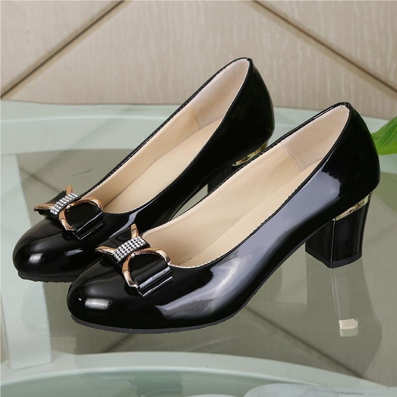 Fashion Single Shoes Autumn New Round Toe Shallow Mouth Metal Buckle Bow Slip-on Non-Slip High Heels
