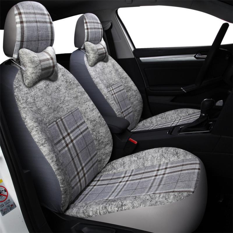 Gray Lattice Rural Style Flax Fabrics 5Seat Universal Seat Cushion For Sedan Suv