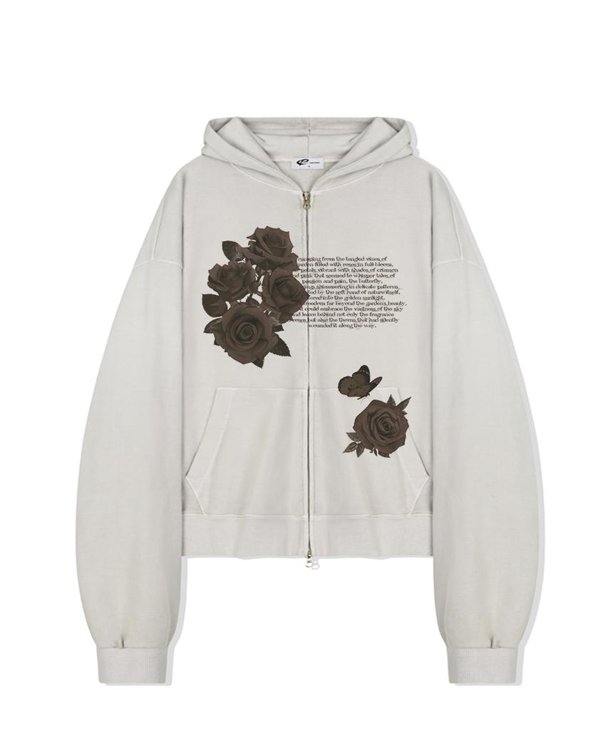 Escapefrom Lettering Rose Print Two-Way Pigment Zip-Up Hoodie Sand Beige