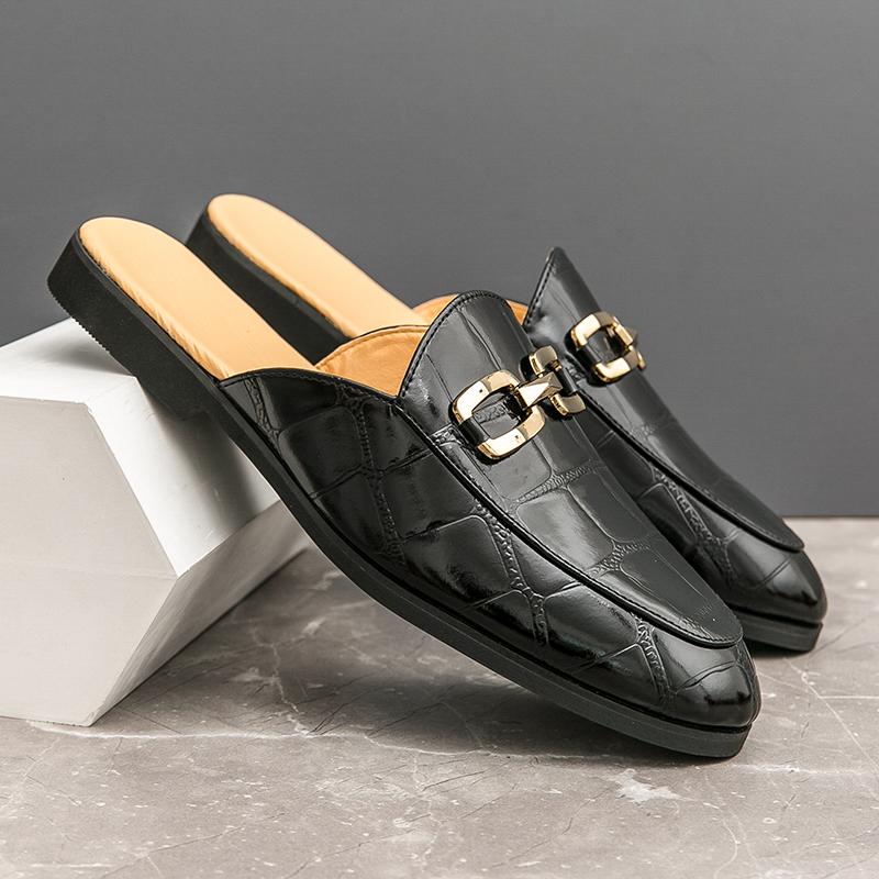 Fashion Half Shoes Men Mules Slippers Loafers Casual Shoes Men Fashion Social Patent Leather Mocassin Slip-On Breathable Leather Shoes