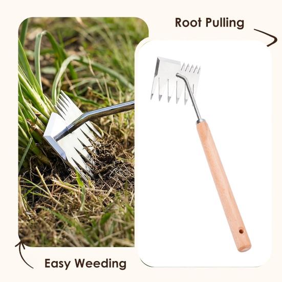 Stainless Steel Weed Remover Tool Six-Tooth Double Head Garden Weeding Tool Manual Weeder with Cutting Blade Serrated Edge for Precision Weeding