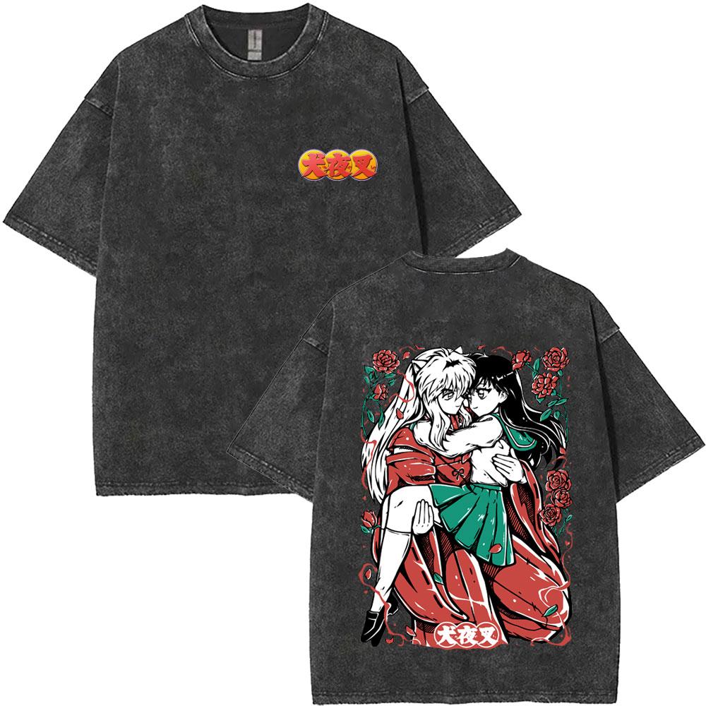 Washed Vintage Anime Inuyasha Graphic Print Tshirt Men Women Casual Oversized Cotton T Shirts Mens Retro Cartoon Streetwear