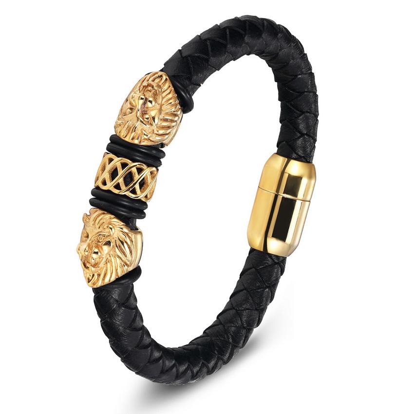 Leather Stainless Steel Bracelets for Men Bracelets & Bangles Trendy Male Jewelry Fashion Charm Gold Color Bead Bracelet 19cm
