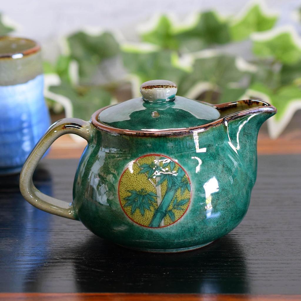 Waza No Kura Stylish Japanese Tableware Kutani Ware Teapot Green Circle Pattern with Tea Strainer Ceramic Brand Tableware Made In Japan Birthday Gift