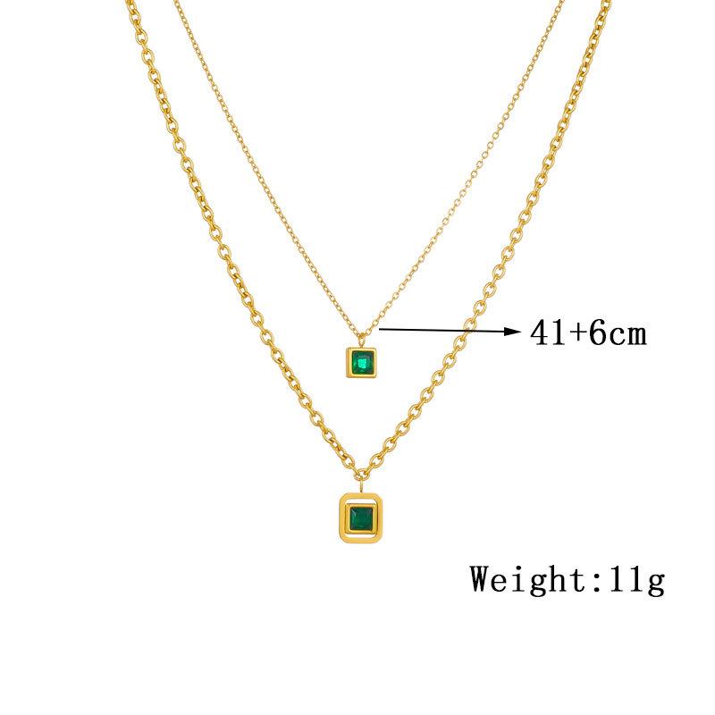 Vintage Fashion Cubic Zirconia Block Chain Pendant Titanium Steel Gold Necklace