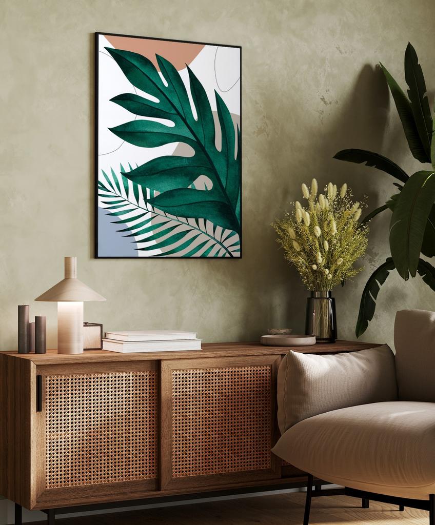 Green Leaves Boho Poster In a Black Frame