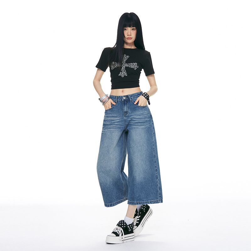 Trendy Summer Vintage Loose Wide Leg Straight Cropped Capri Denim Pants For Women Versatile Slimming FigureFlattering Daily Capri Trousers