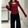 Autumn Winter Women's Ribbed Plush Hollow Out Long Sleeve Base Layer Shirt