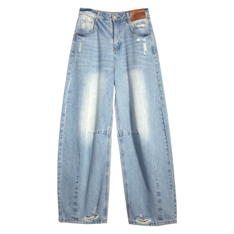 Tuogu Trend Women s American Style Ripped Wide Leg Jeans - Loose, Washed, Faded, Floor-Length L джинсовый синий