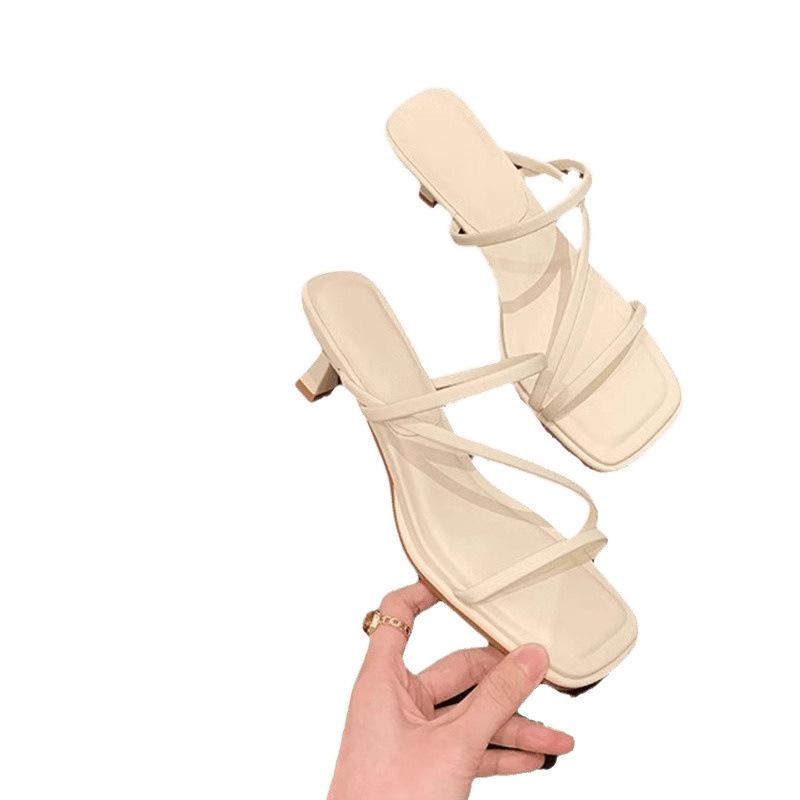 Island Strap Square Head High Heel Cool Slippers Leather Women