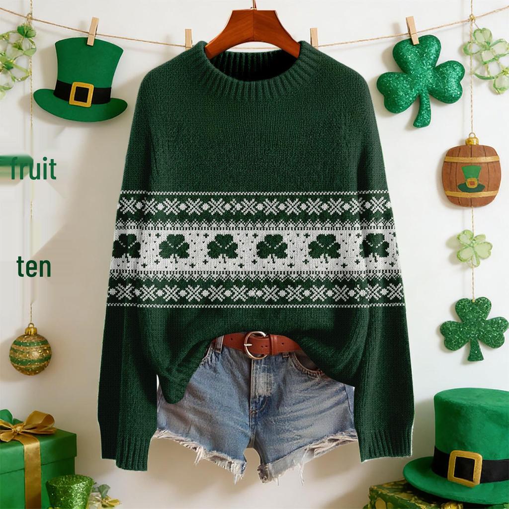 LXF-YT52 Saint Patrick's Day Fair Isle Pullover Sweater - Long Sleeve, Spring and Autumn Fashion.