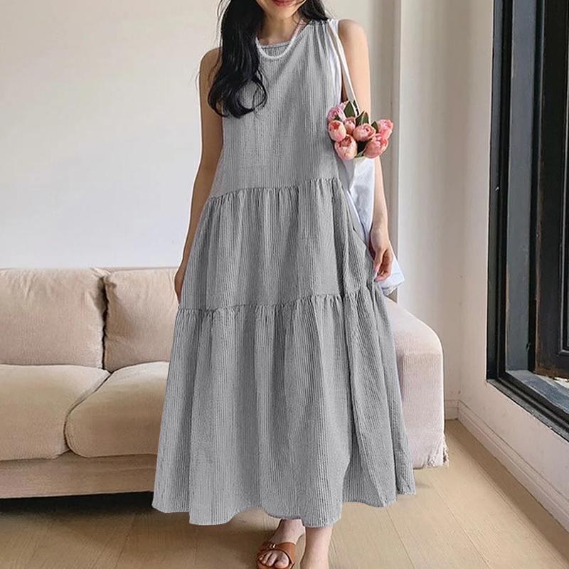 ZANZEA Women Round Neck Loose Casual Stripe Sleeveless Dress