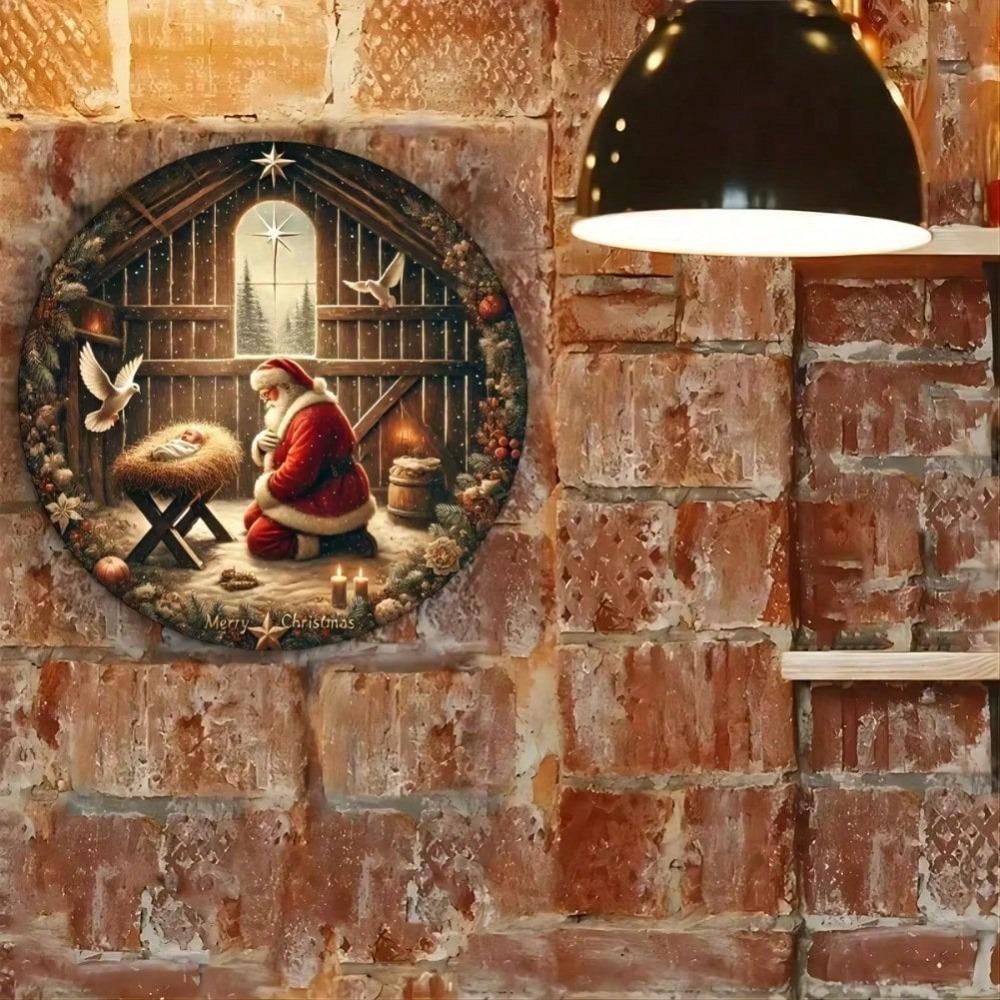 Christmas Kneeling Santa Tin Sign 8 Inch Round Metal Wall Art Home Bar Cafe Farmhouse Decor
