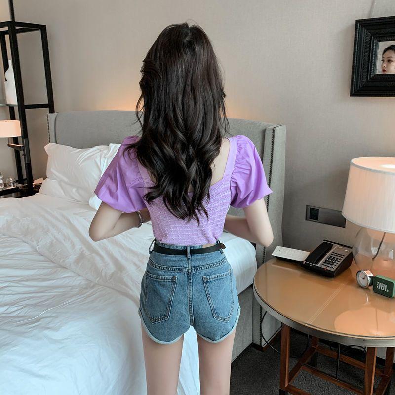New Style Short-sleeved Spliced puff Sleeves Ice Silk Women's Slim Square Collar Knit Top
