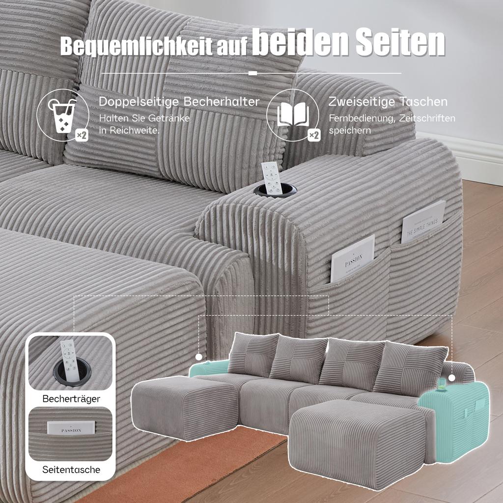 Modular Corduroy Sofa for 4 People (with 2 Stools), Freely Combinable, Including Drink Holder and Storage Pocket, Ideal for Living Room. Light Gray