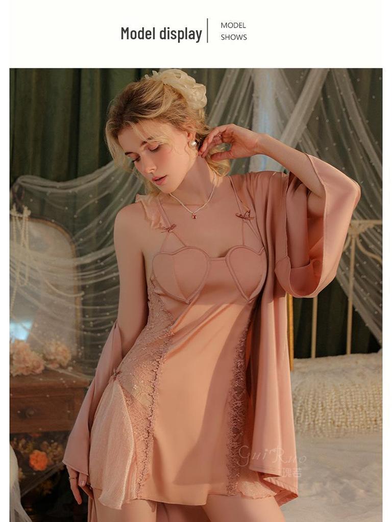 Elegantes Satinspitzen Durchsichtiges Gepolstertes Kurzarm-Cami-Nachthemd & Morgenmantel-Set für Damen