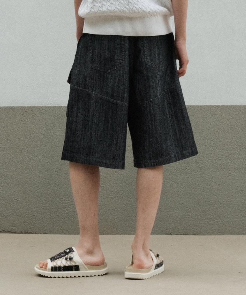 MINAV Wide Cargo Bermuda Denim Pants [Indigo Black]