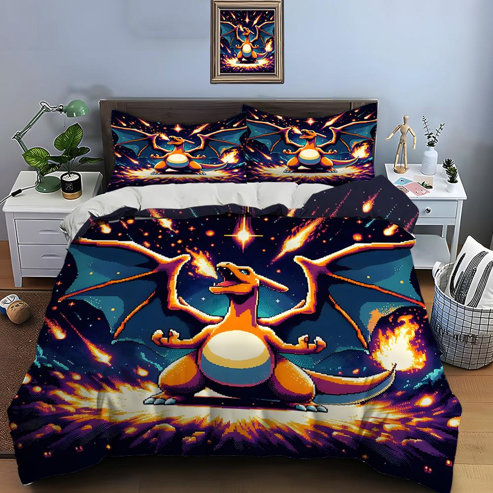 10 Sizes Pokémon Charizard Print Bedding Set 3 Pieces Setting Bed King Size Pillowcase Adult Bed Cover Bedroom Bed Set for Gifts