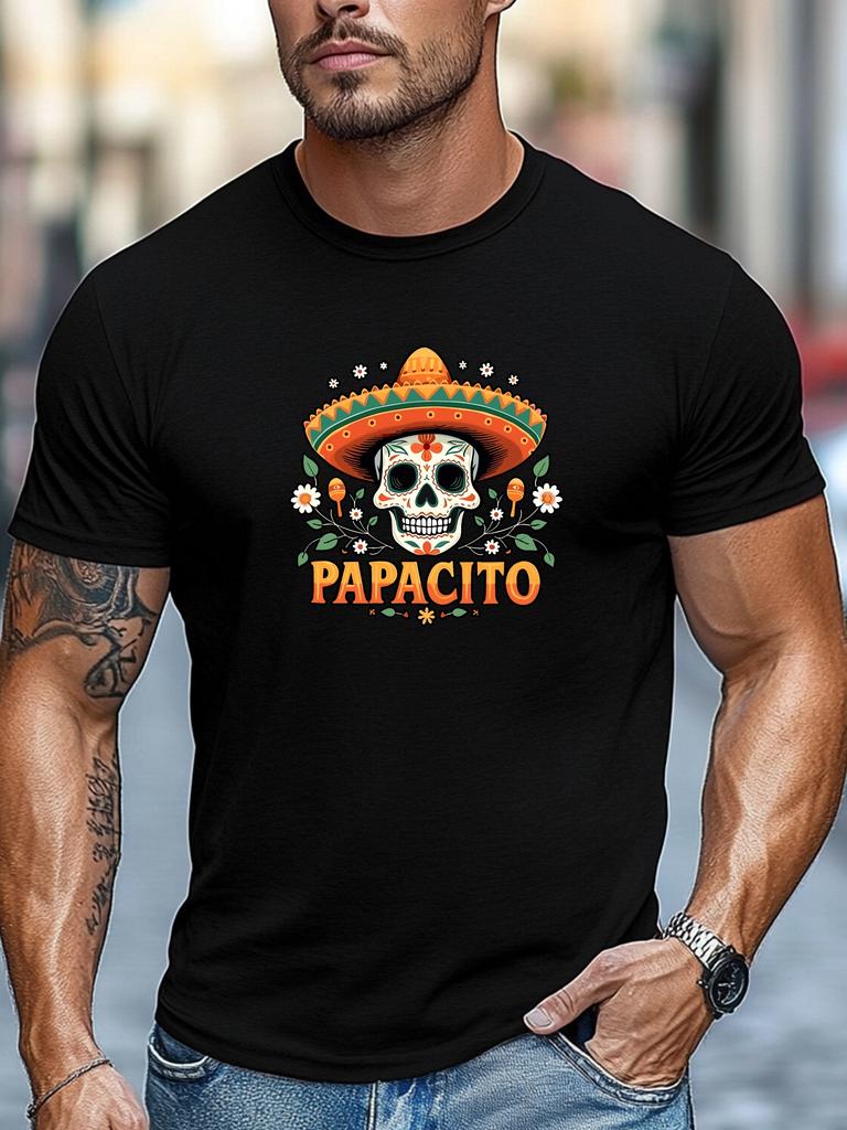 Plus Size Men'S T-Shirt, Easy And Clean, Minimalist Fashion, Men'S Mexican Hat Skull Flower Pattern Summer Casual Round Neck Short Sleeve T-Shirt