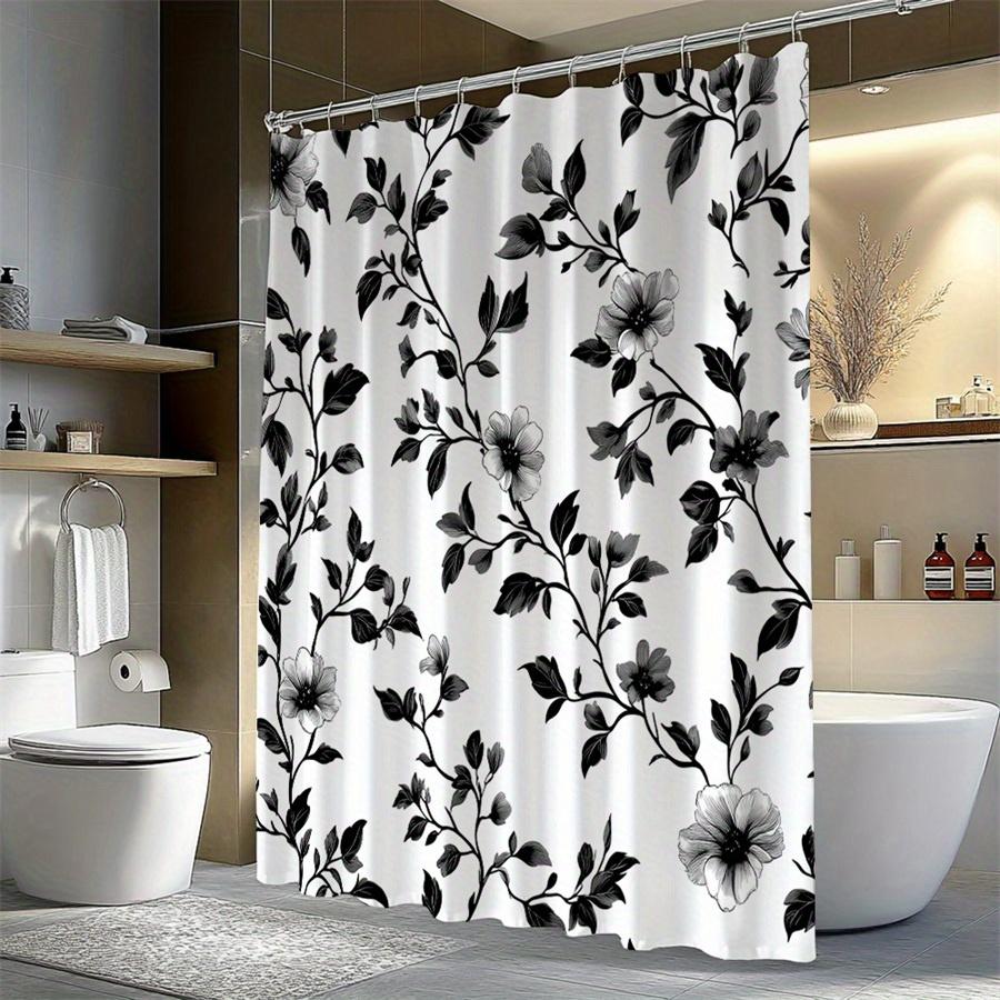 1pc Black and white floral patterned shower curtain, polyester fabric, machine washable, suitable for bathroom décor.