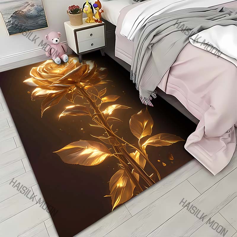 1PC Golden Rose Pattern Carpet for Living Room Bedroom Bedside Floor Mat Sofa Table Area Rugs Home Decor Large Size