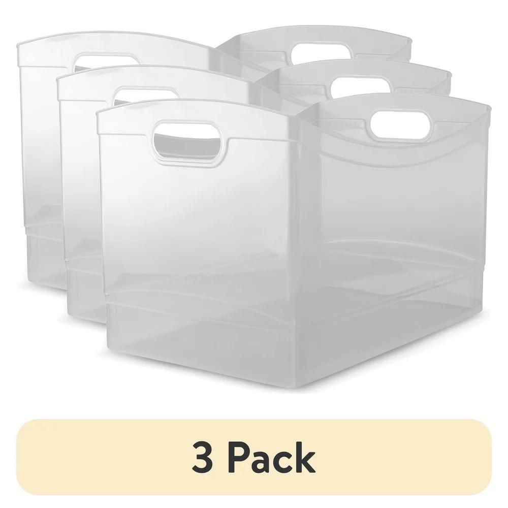 Clear Plastic Utility Storage Organizer Bin Set of 3 with Handles Open Top Design Office Supplies Household Items Kitchen Closet