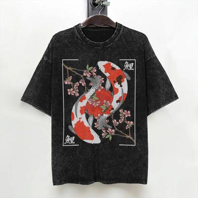 Japanese Koi Carp Fish Cherry Blossom T Shirt Washed Cotton Street TShirt  Retro Men Women Streetwear Printed Tops Tees