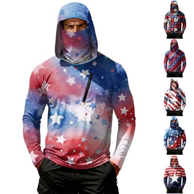 Men's Casual Hooded Long Sleeve Sun Protection Top with Independence Day Print Star Pattern Pullover Lightweight Shirt