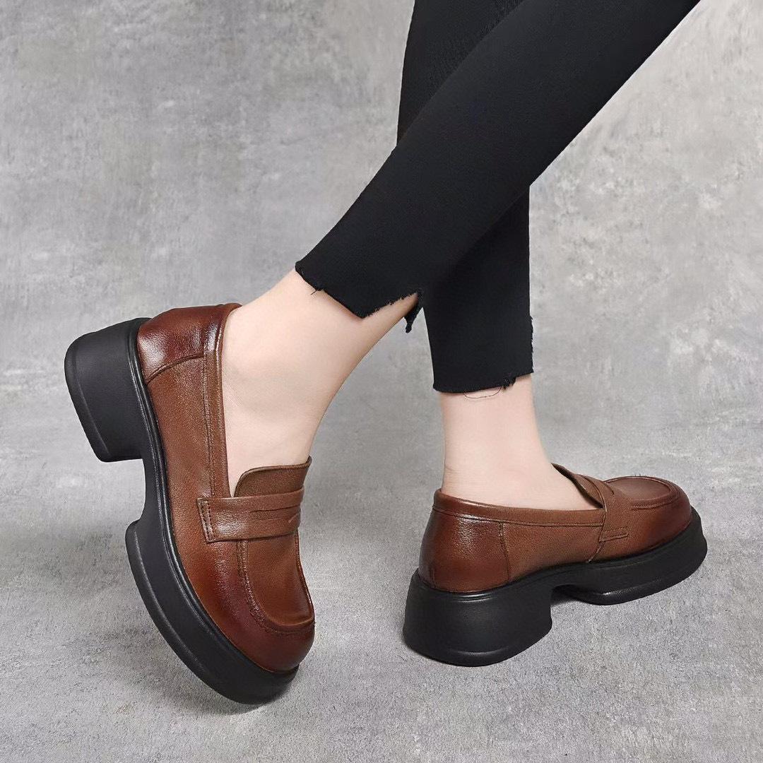 

женские туфли на толстой подошве с круглым носком из маленькой кожи, весенние туфли из коровьей кожи первого слоя, туфли-маффины и слипоны, повседневная обувь в стиле колледжа 40 коричневый