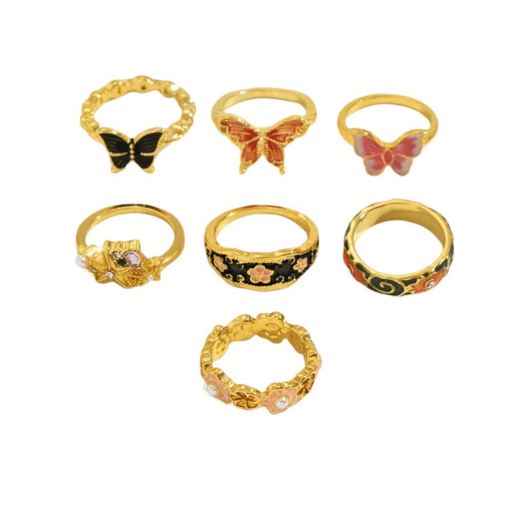 

7Pcs/Set Butterfly Flower Ring Set Camellia Flower Irregular Rings Unique Enamel Finger Rings Gift золотий