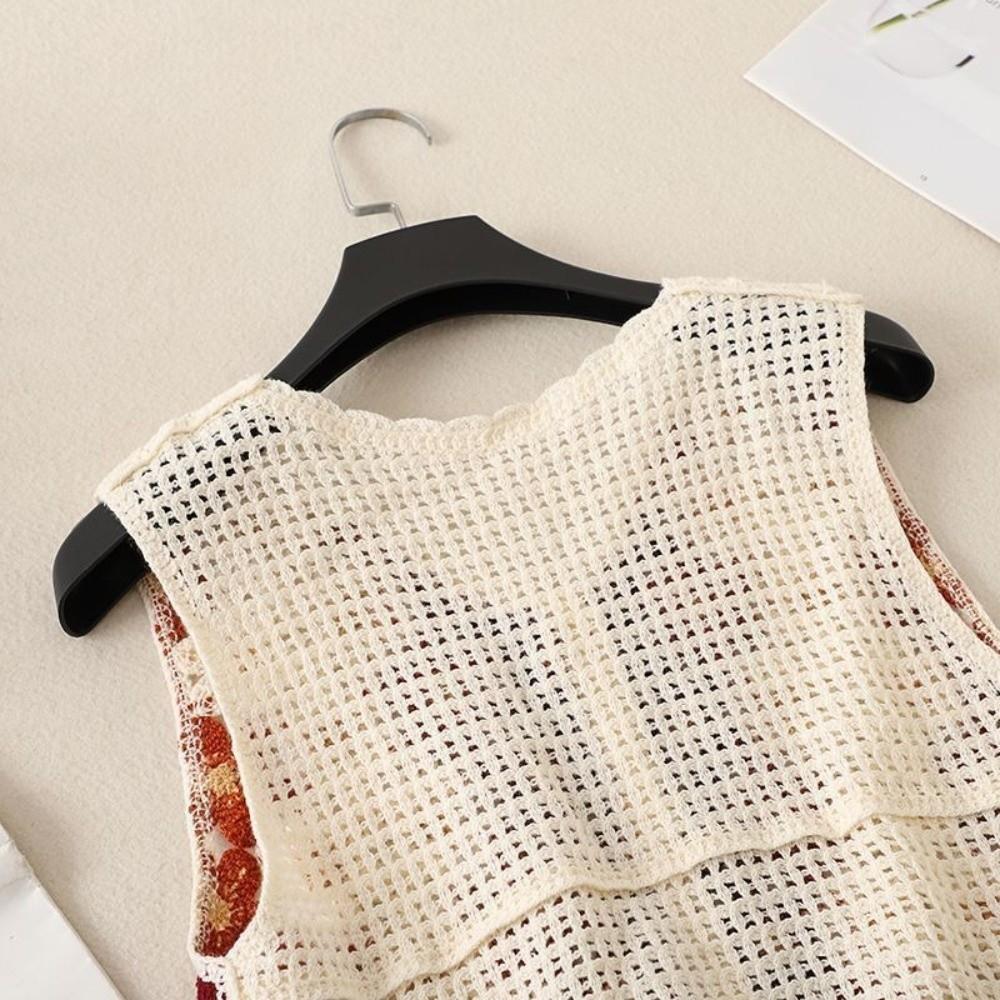 Button-up Sleeveless Jacket Colorful Floral Waistcoat Top 2026 Openwork Vest  Short Cardigan