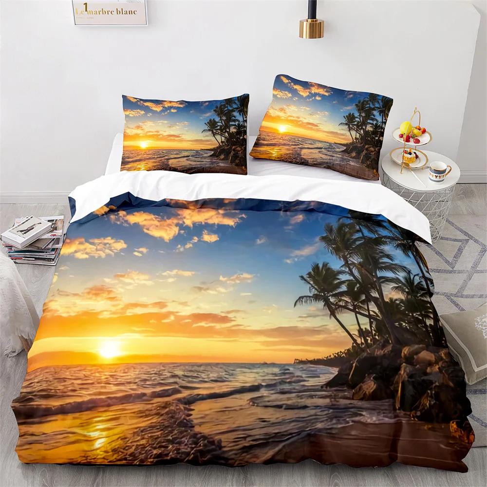 Comforter Beach Ocean Sunset Hawaiian Waves Comforter Tropical Island And Sea Beach Nature Polyester Bedding Set Comforter (quilt)-EU Single(135*200cm)3pcs
