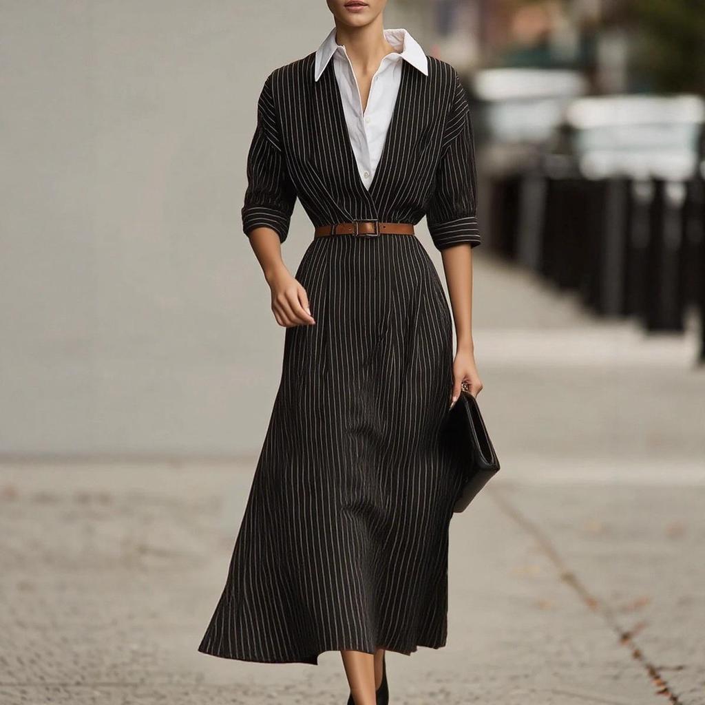 European & American Women's Retro Striped Shirt Dress, Autumn Collection - Loose Fit with Waist-Cinching, Color-Block, Shirt Collar Design