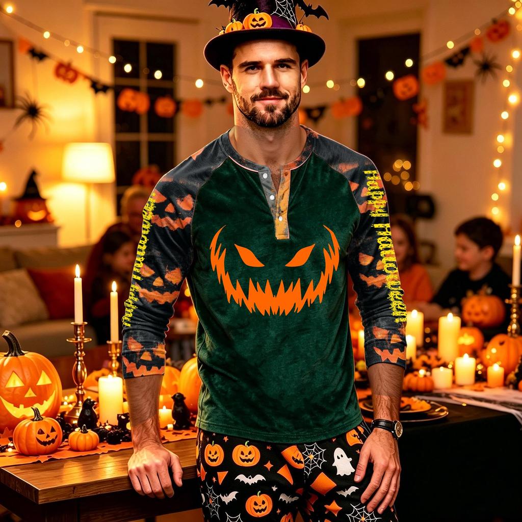 Men's Long Sleeve Shirt with Halloween Print for Holiday Parties and Casual Wear