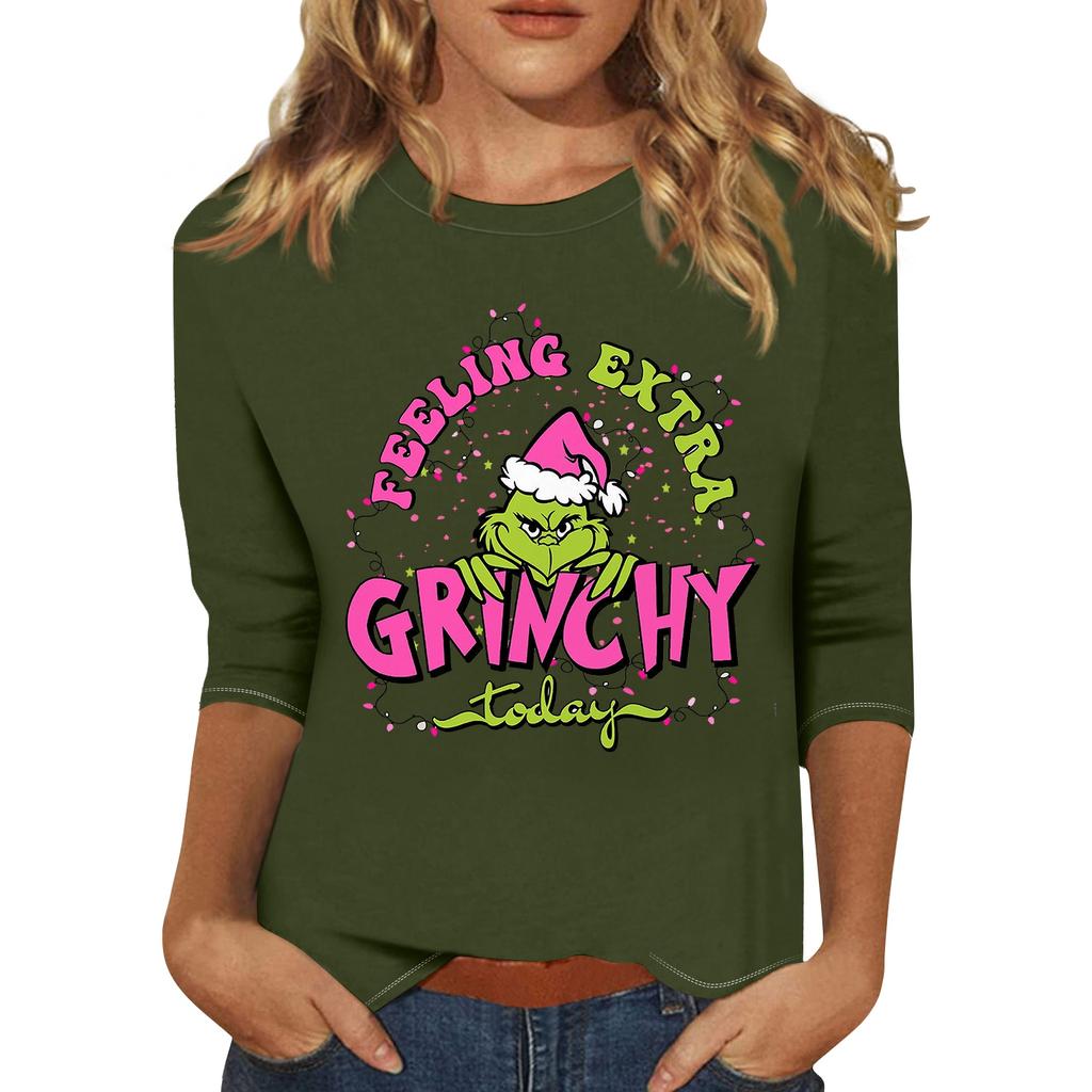 3/4 Sleeve Tops For Women T-Shirt Casual Christmas Print Tops T Shirt Round Neck Pullover Blouse