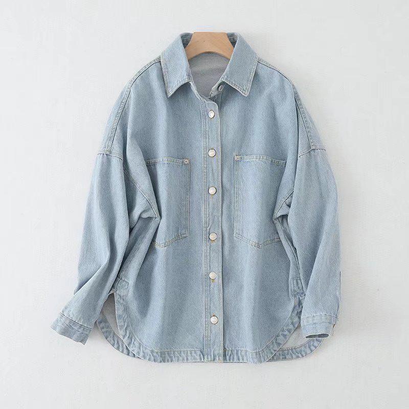 Women's Washed Blue Denim Shirt Jacket with Pocket Embellishments - European & American Style, Autumn Collection