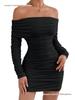 Autumn/Winter One-Shoulder Long Sleeve Pleated Slim-fit Dress for Women