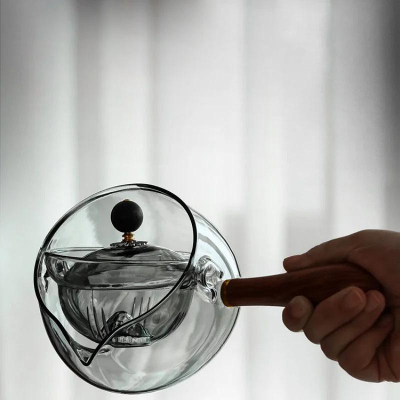 Removable 360° Rotary Glass Teapot Heat resistant Side Wooden Handle Glass Pot Tea Maker Kungfu Tea Set