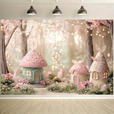 2D Flat Print Dreamy Spring Forest Backdrop with Mushroom Cottages and Flowers Fairy Party Background