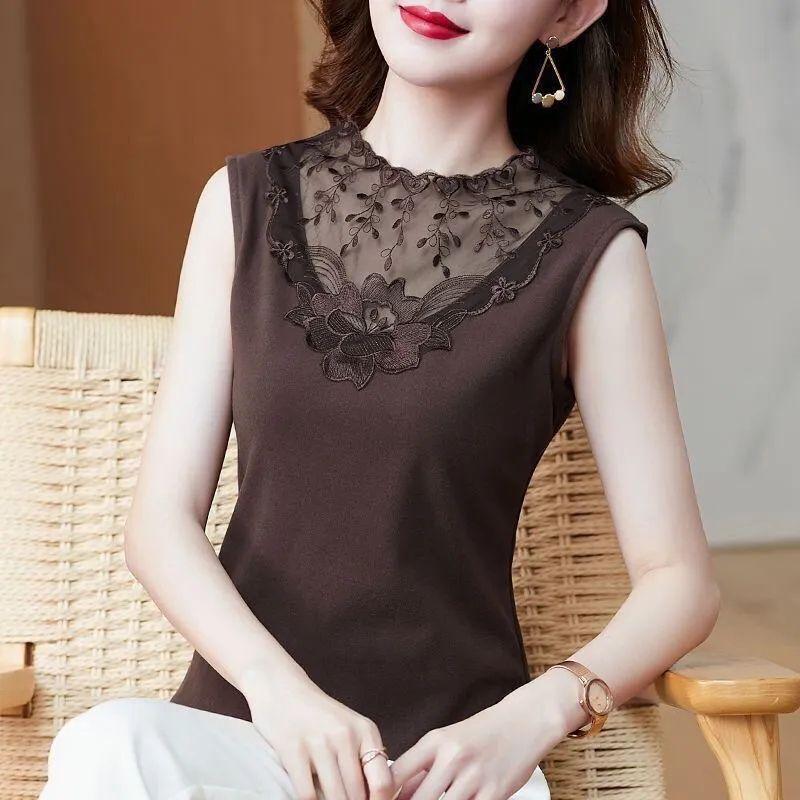 

Летняя женская корейская кружевная водолазка без рукавов с вырезом-стойкой, тонкая футболка-жилет 4XL