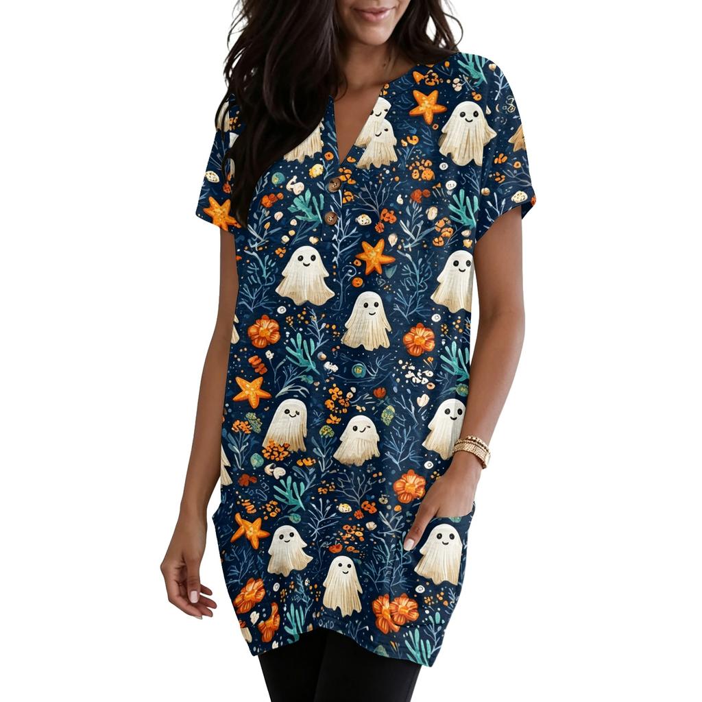 Women's V Neck Halloween Print Short Sleeve Pullover Dress with Pockets Casual Loose Fit Tunic Top