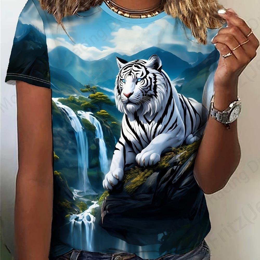 Women's 3d Tiger Print T-shirt, Round Neck Short Sleeve Casual T-shirt, Animal T-shirts, Floral T-shirts