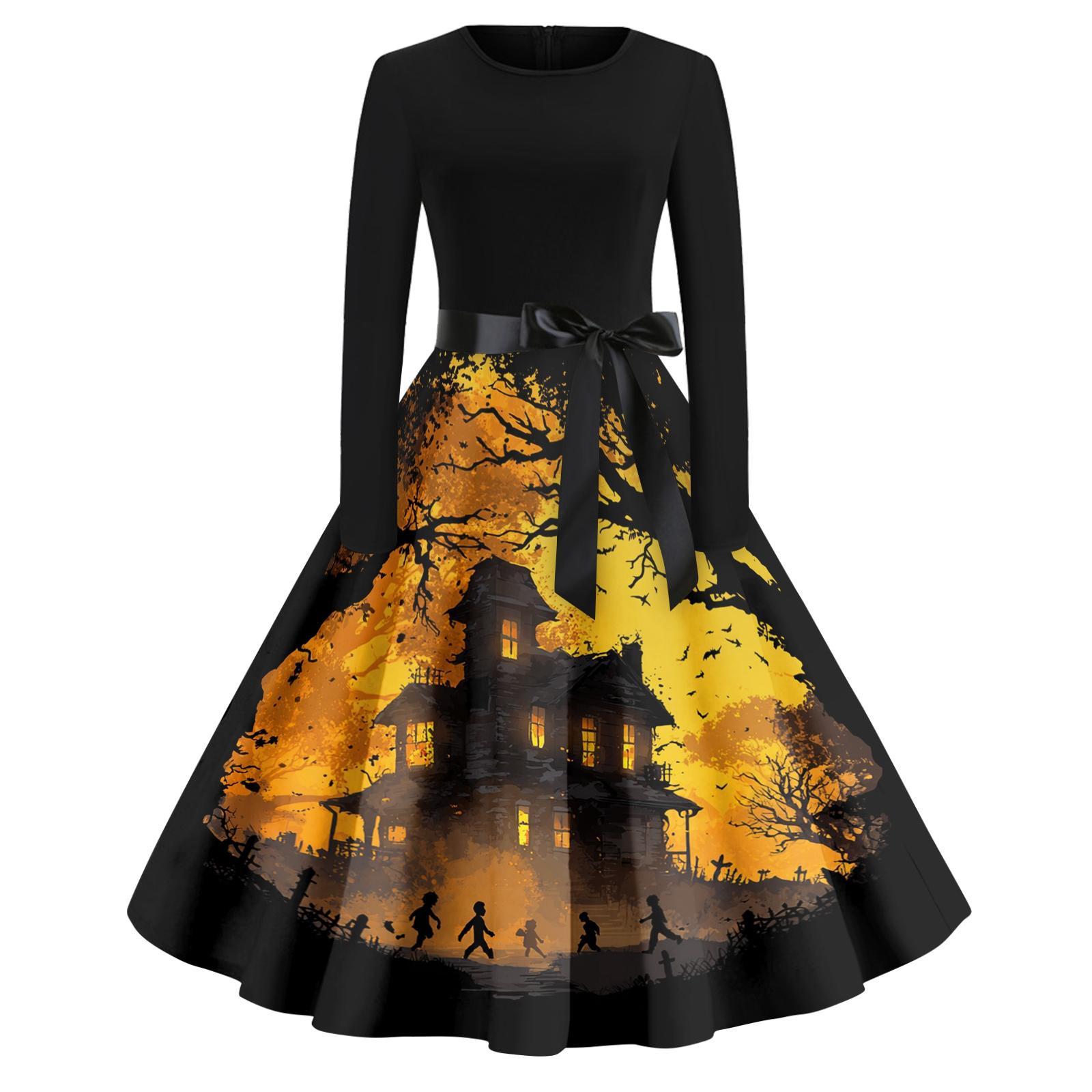 

Женское повседневное модное платье винтажного стиля с круглым вырезом и принтом на Хэллоуин XL жёлтый