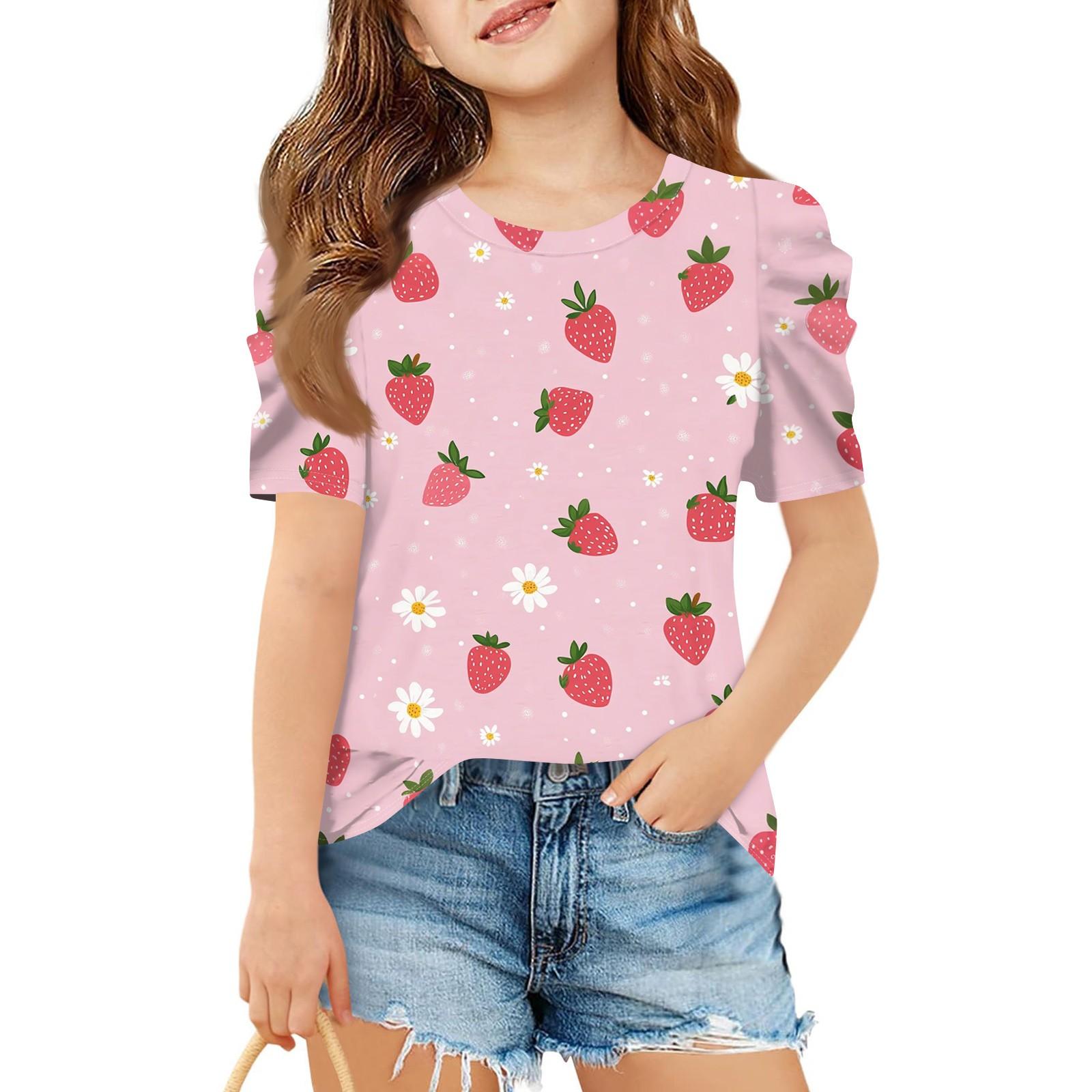 

Літній топ з коротким рукавом для дівчаток, дитяча мила футболка кежуал з принтом з круглим вирізом 140