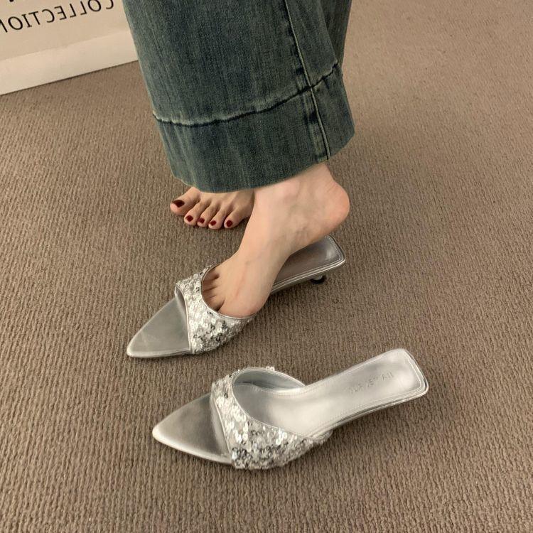 French Temperament Sequins with Open-toed Pointed Slippers for Women's Summer Wear 2025 New Kitten and Cool Slippers